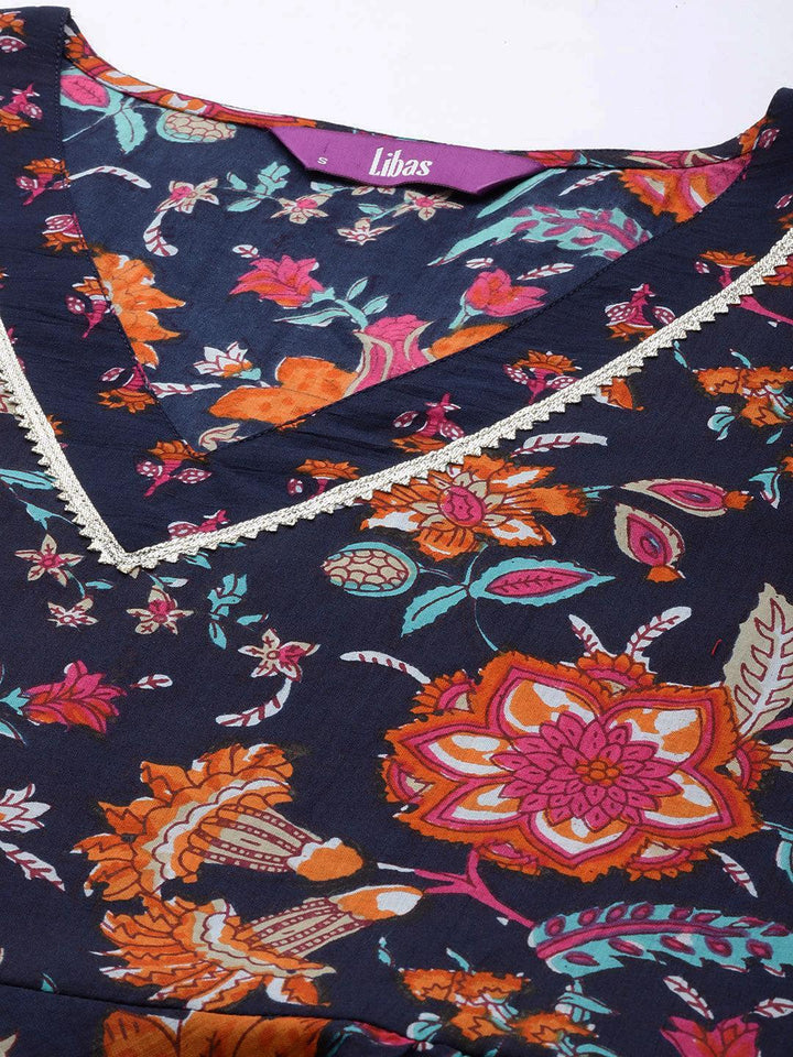 Navy Blue Printed Cotton Anarkali Kurta Set With Trousers