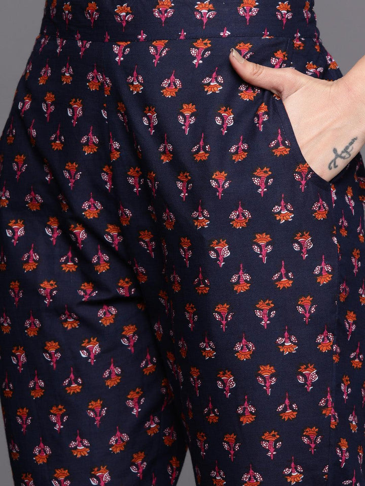 Navy Blue Printed Cotton Anarkali Kurta Set With Trousers