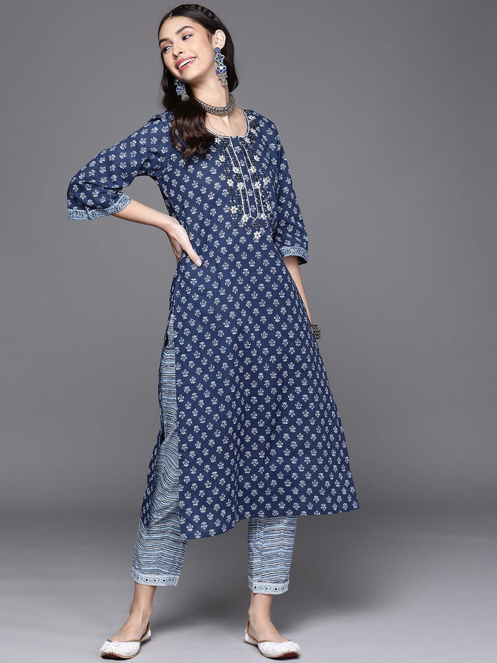 Navy Blue Printed Cotton Kurta