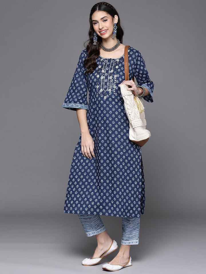 Navy Blue Printed Cotton Kurta