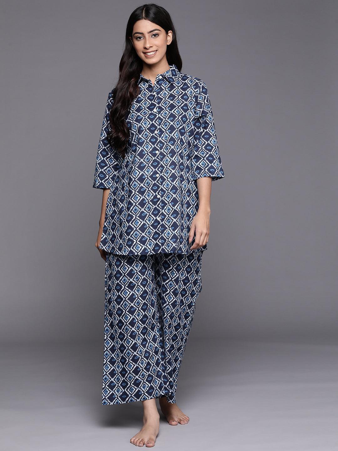Navy Blue Printed Cotton Night Suit - ShopLibas