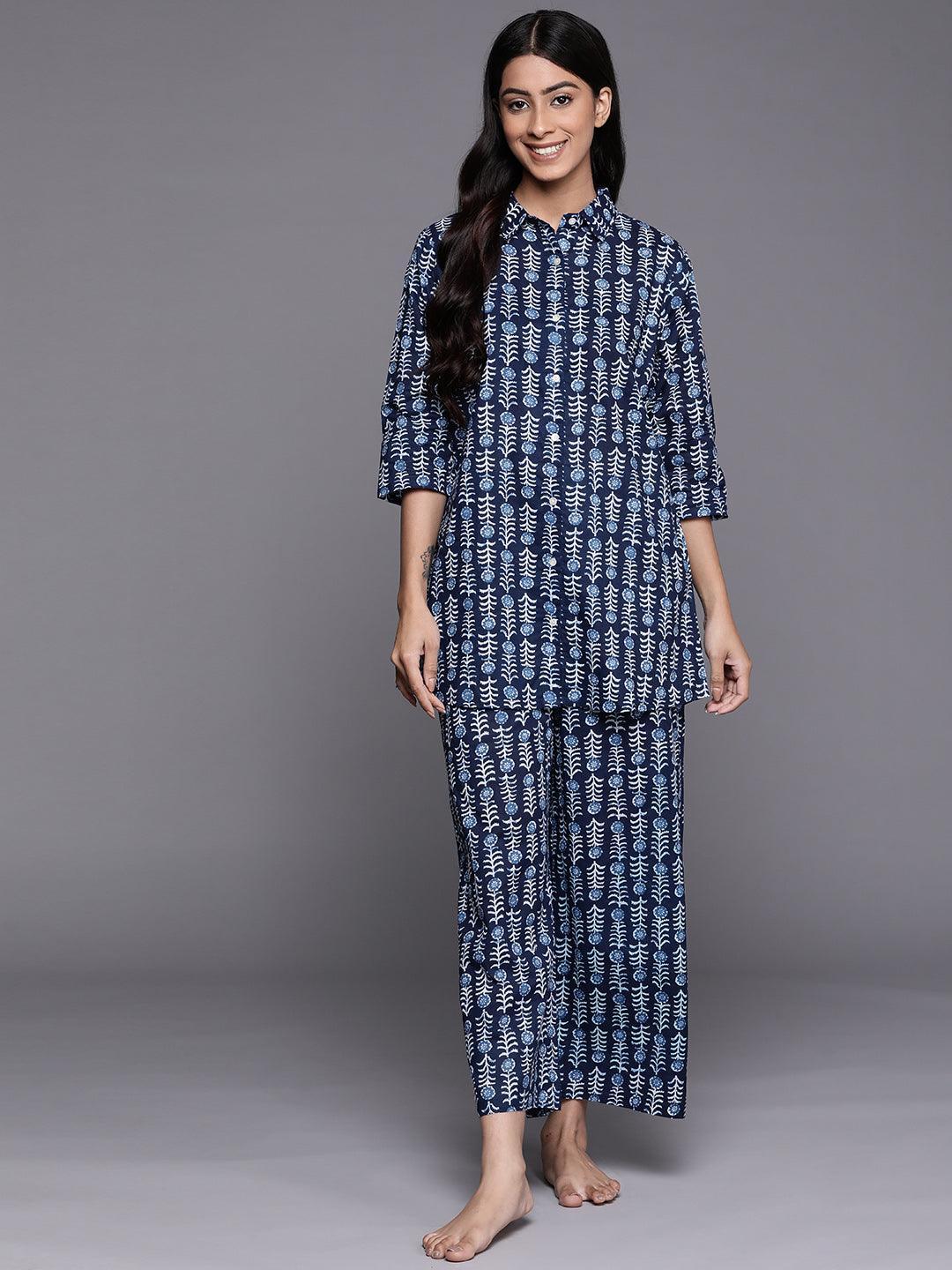 Navy Blue Printed Cotton Night Suit - ShopLibas