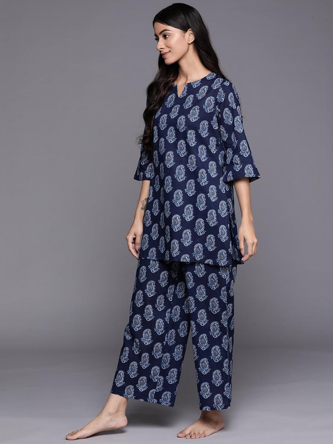 Navy Blue Printed Cotton Night Suit - ShopLibas