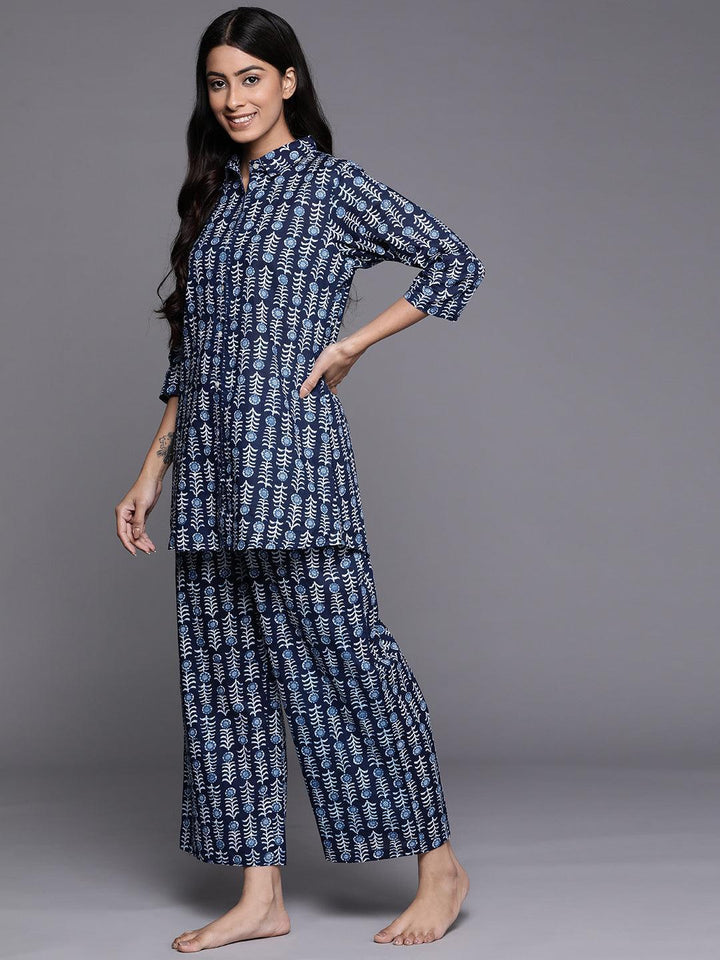 Navy Blue Printed Cotton Night Suit
