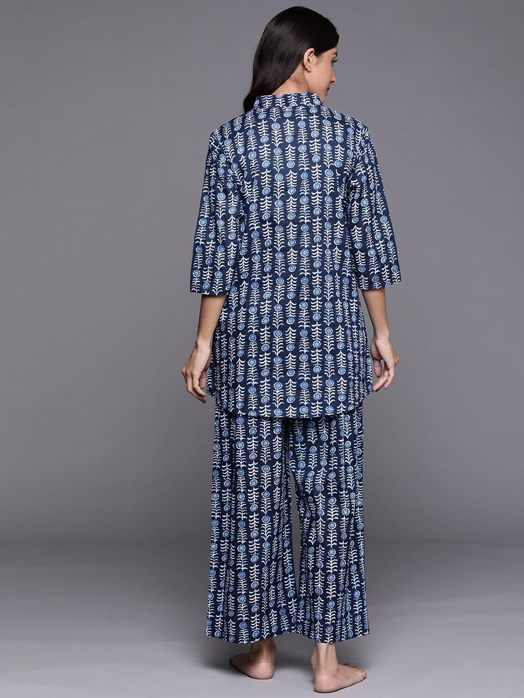 Navy Blue Printed Cotton Night Suit - ShopLibas
