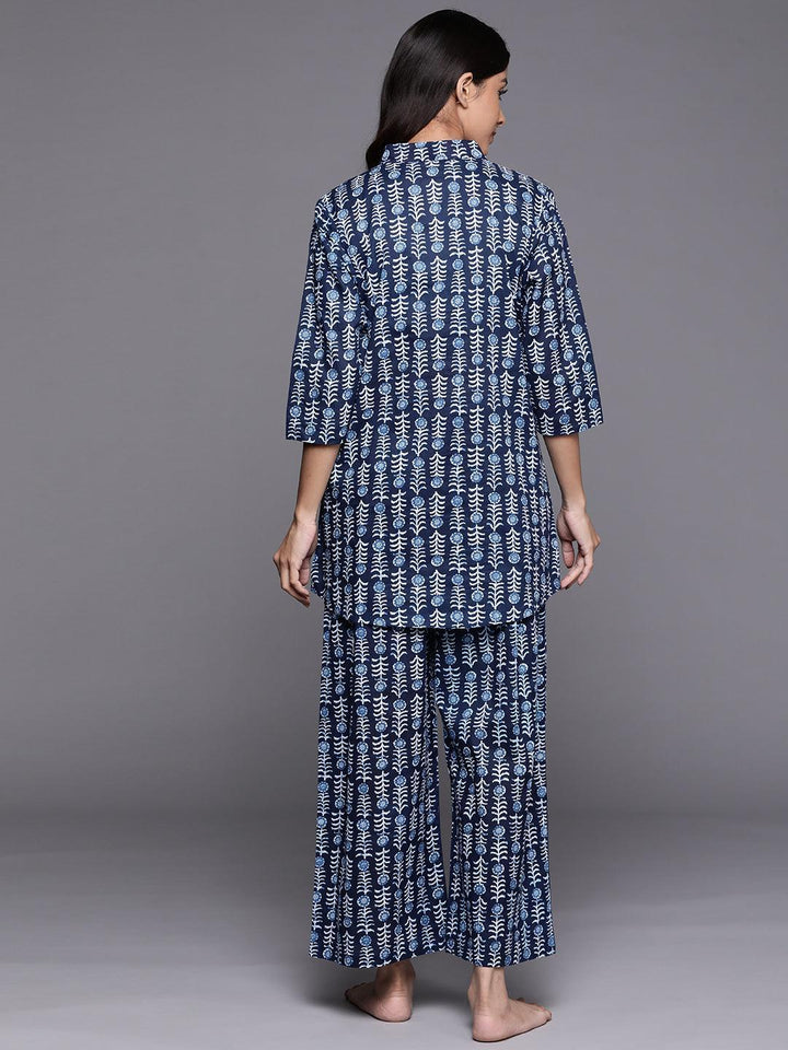 Navy Blue Printed Cotton Night Suit