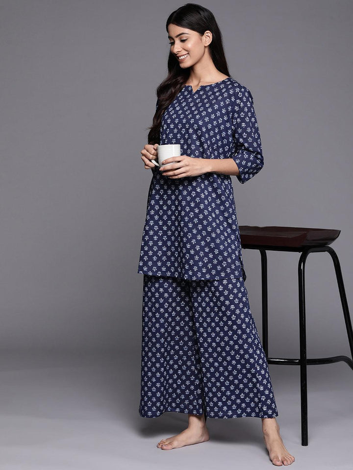 Navy Blue Printed Cotton Night Suit