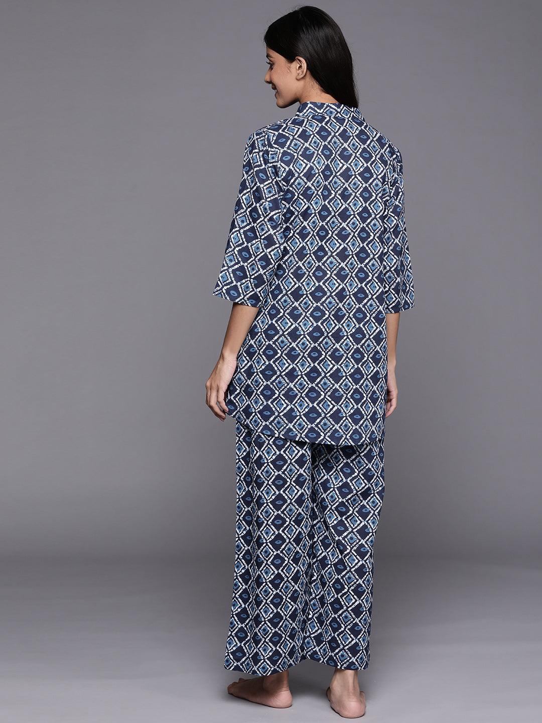 Navy Blue Printed Cotton Night Suit - ShopLibas