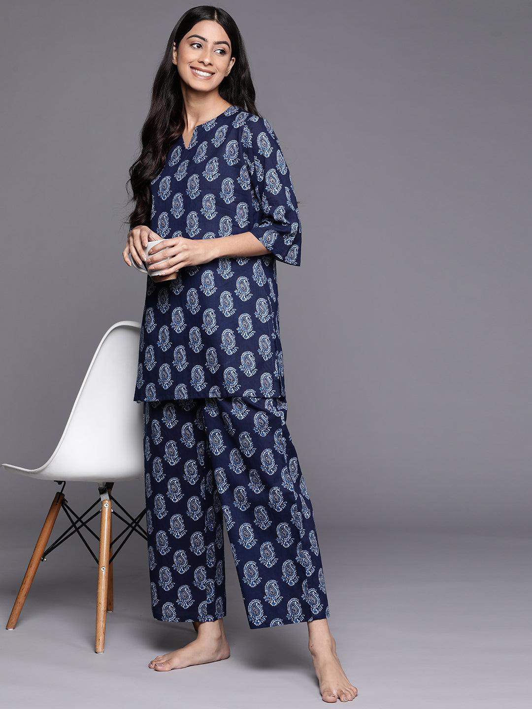 Navy Blue Printed Cotton Night Suit - ShopLibas