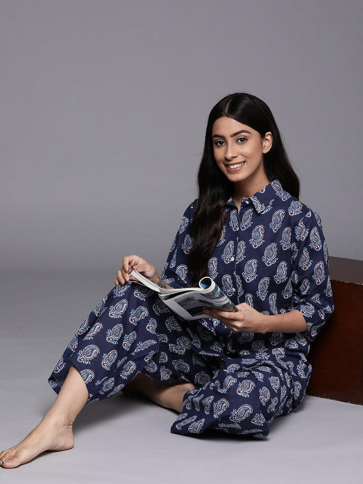 Navy Blue Printed Cotton Night Suit