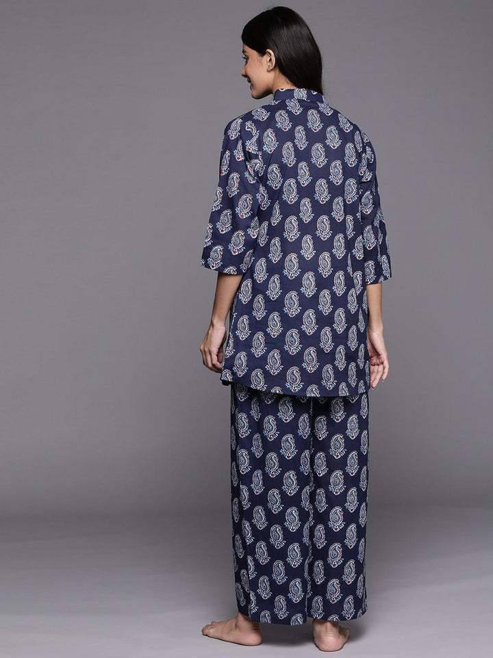Navy Blue Printed Cotton Night Suit
