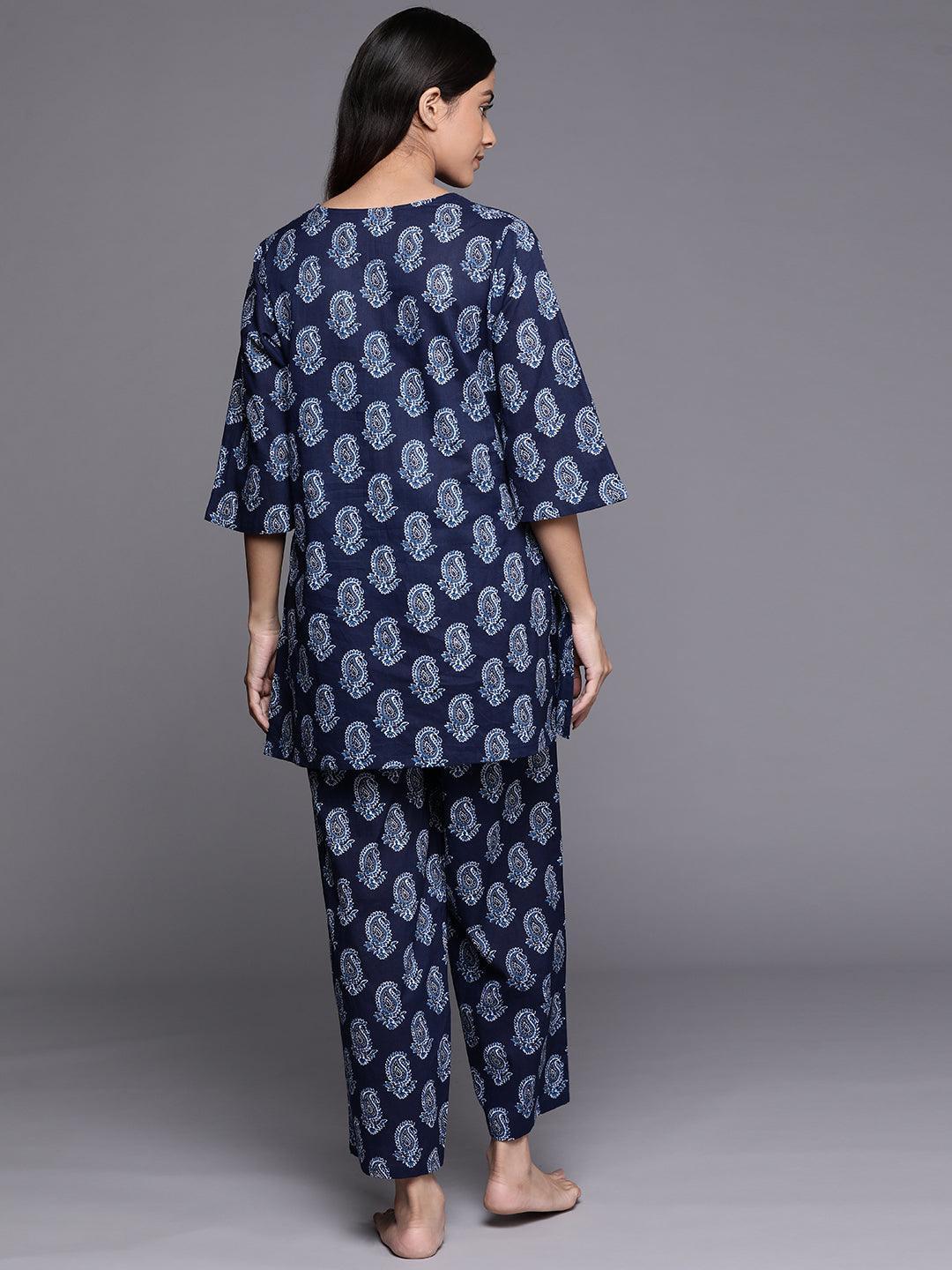 Navy Blue Printed Cotton Night Suit - ShopLibas