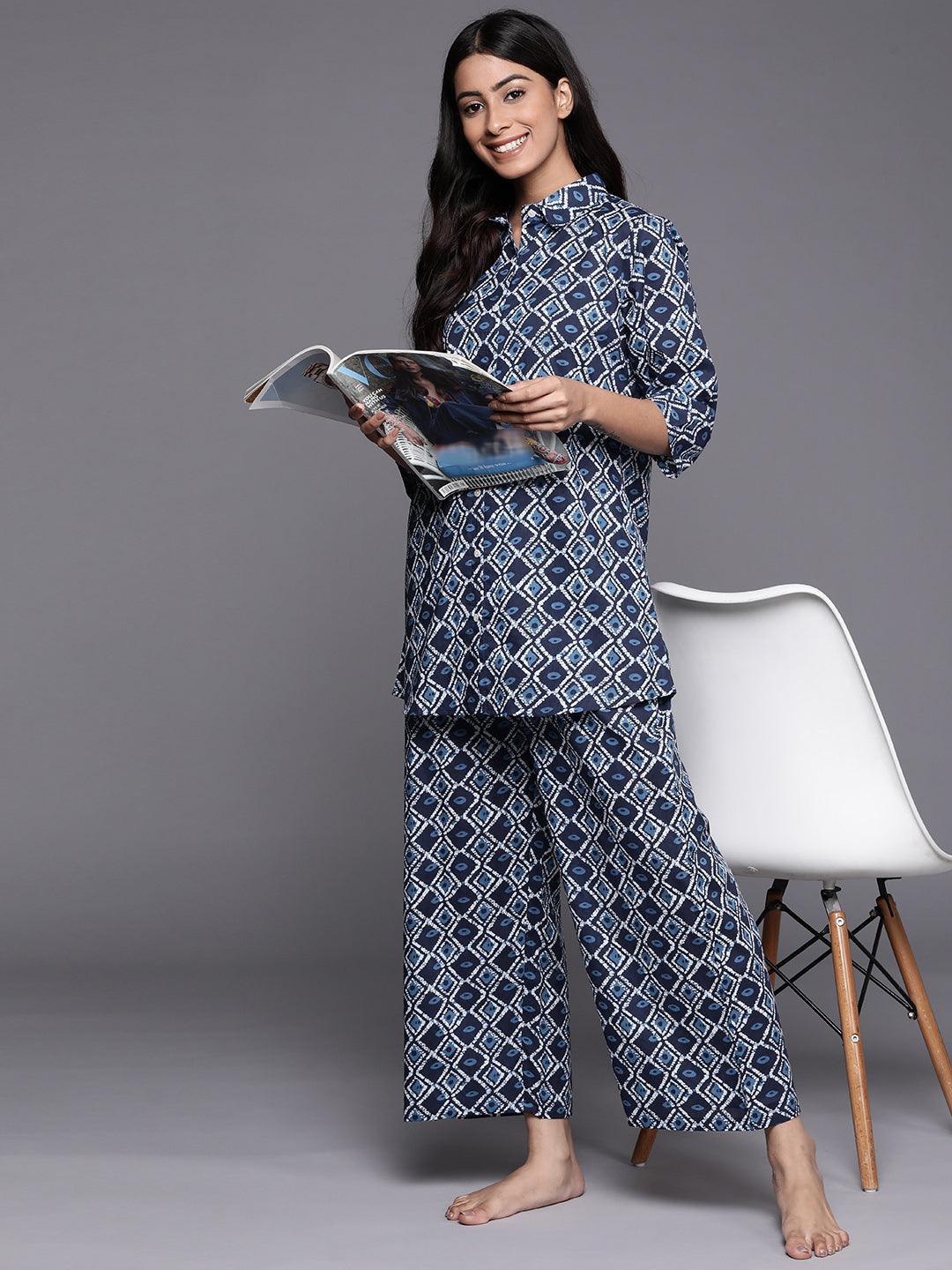 Navy Blue Printed Cotton Night Suit - ShopLibas