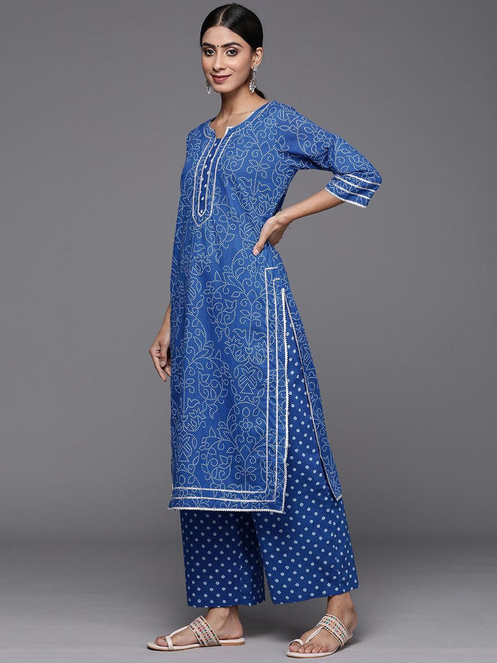 Navy Blue Printed Cotton Straight Kurta With Palazzos & Dupatta
