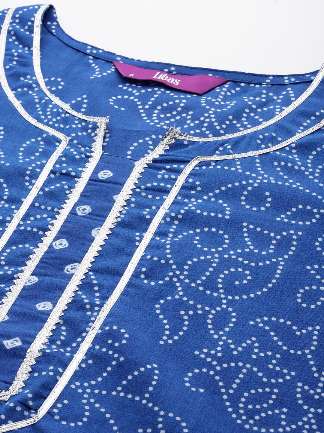 Navy Blue Printed Cotton Straight Kurta With Palazzos & Dupatta - Libas