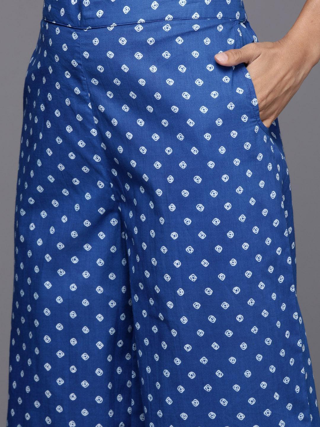 Navy Blue Printed Cotton Straight Kurta With Palazzos & Dupatta - Libas