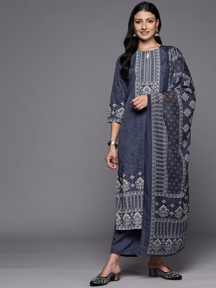 Navy Blue Printed Crepe Straight Suit Set With Trousers