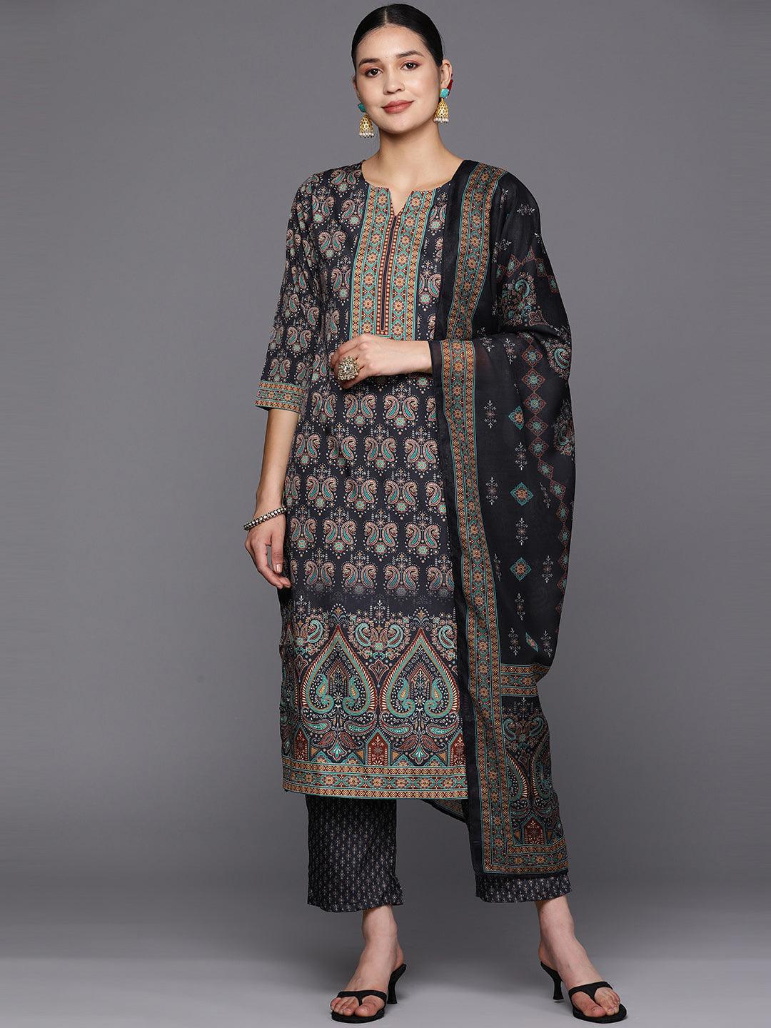 Blue Printed Poly Crepe Straight Suit With Dupatta