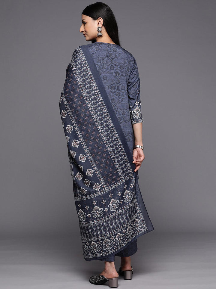 Navy Blue Printed Crepe Straight Suit Set With Trousers