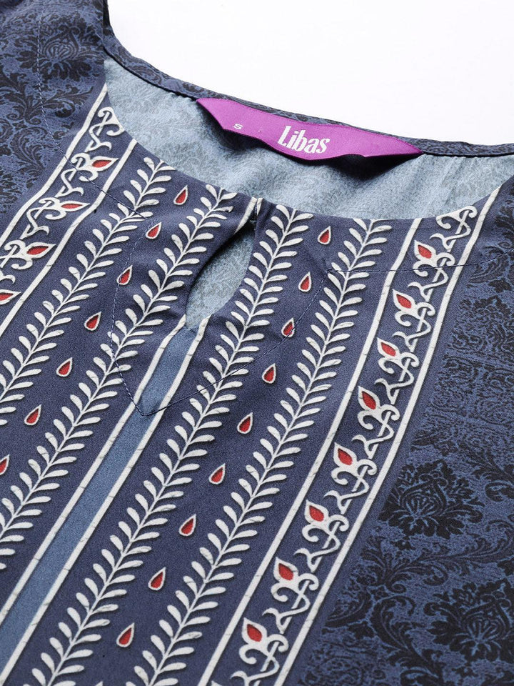 Navy Blue Printed Crepe Straight Suit Set With Trousers