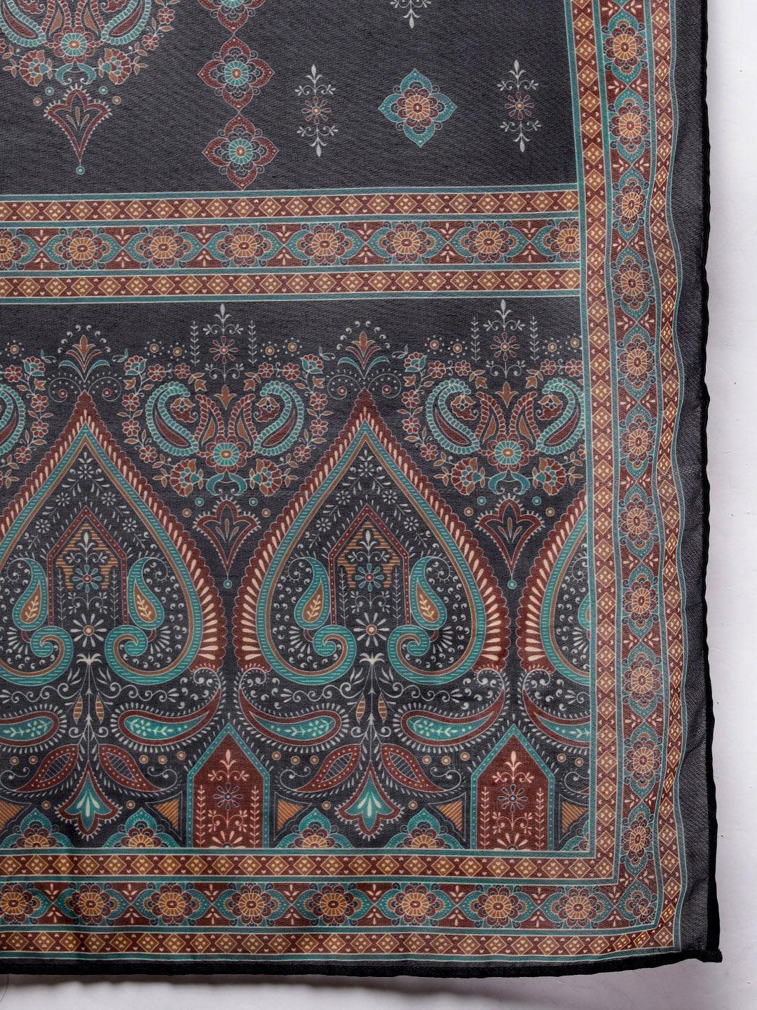 Navy Blue Printed Crepe Straight Suit Set With Trousers - ShopLibas