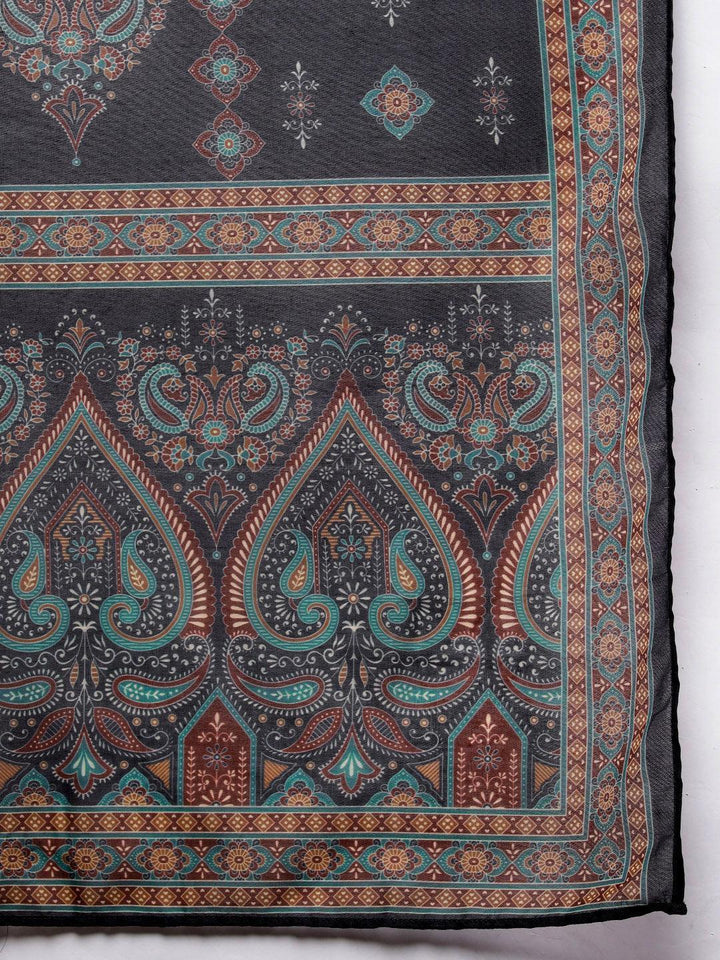 Navy Blue Printed Crepe Straight Suit Set With Trousers