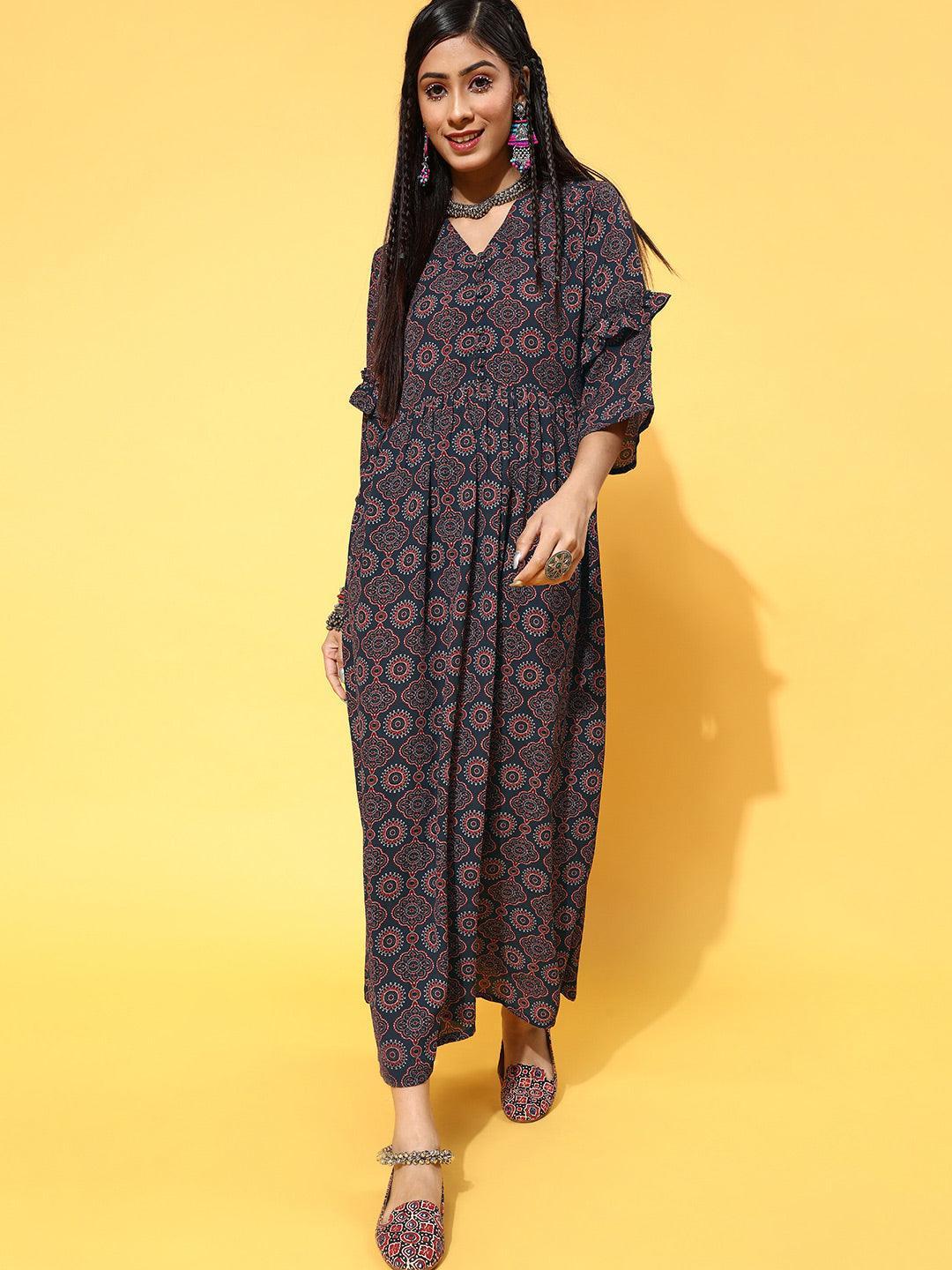 Navy Blue Printed Georgette Dress - ShopLibas