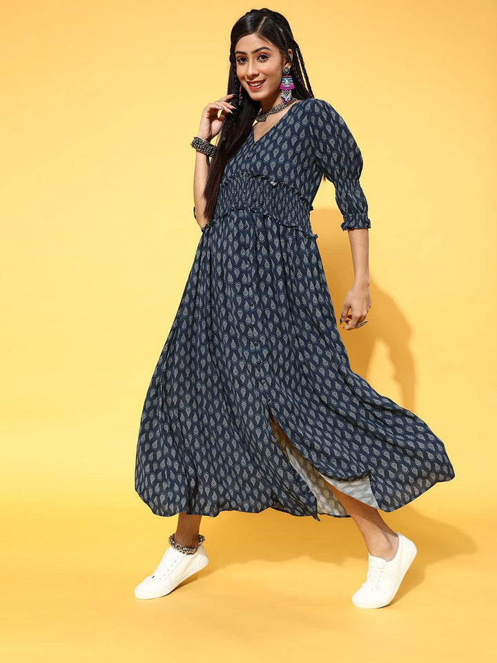Navy Blue Printed Georgette Dress