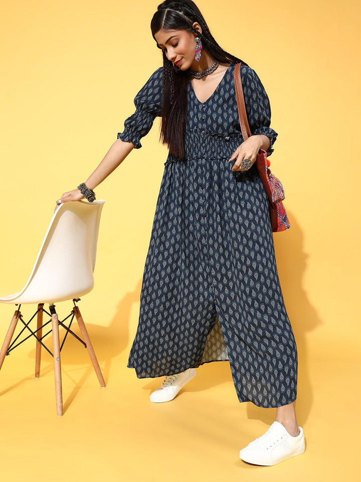 Navy Blue Printed Georgette Dress