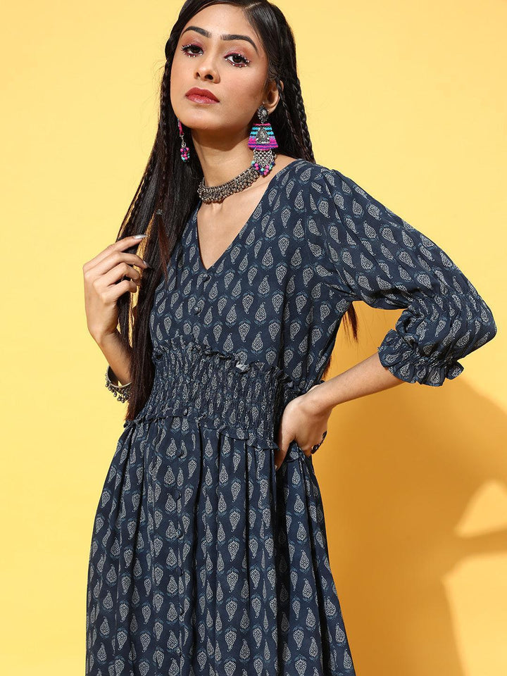 Navy Blue Printed Georgette Dress