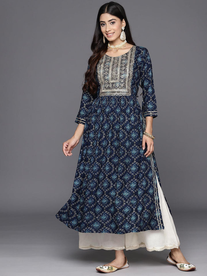 Navy Blue Printed Rayon A-Line Kurta