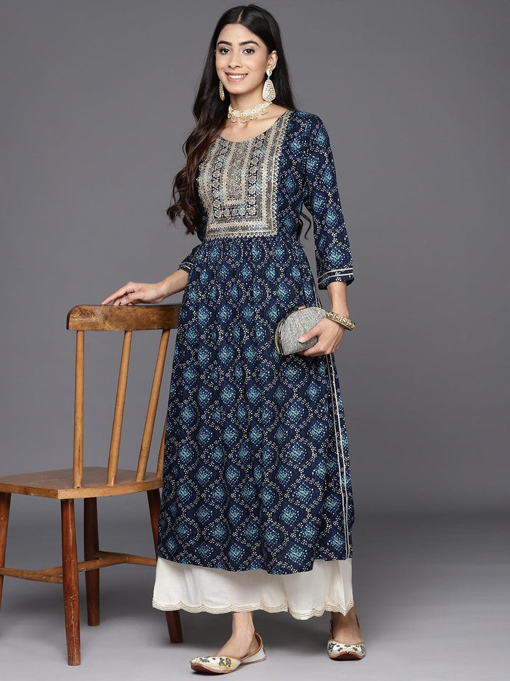 Navy Blue Printed Rayon A-Line Kurta