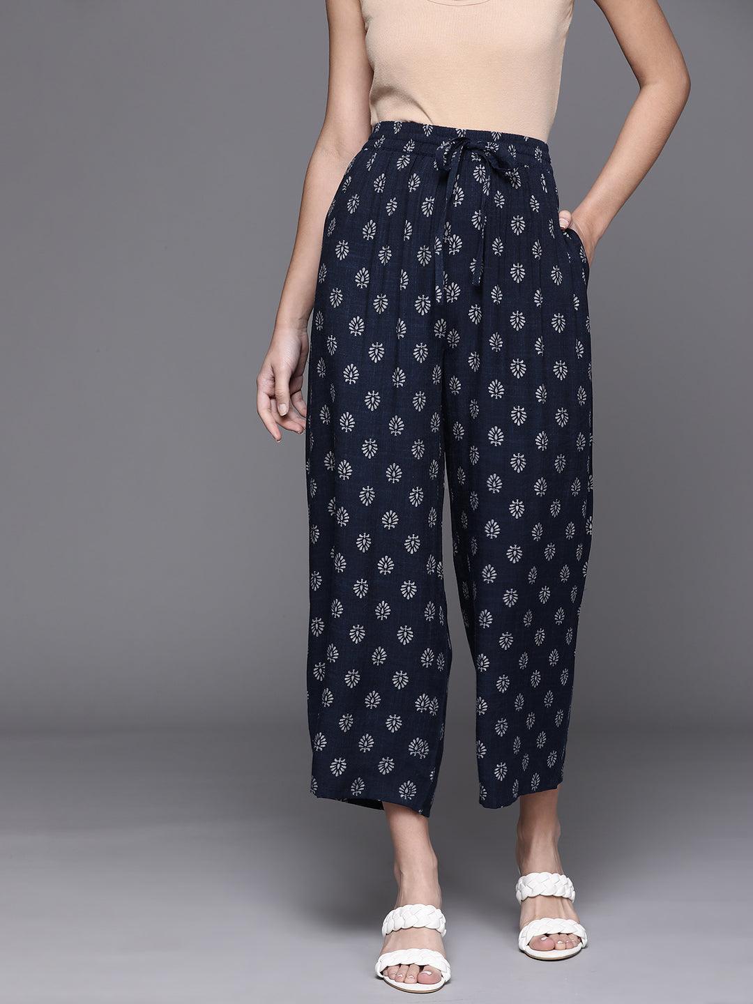 Navy Blue Printed Rayon Palazzos - ShopLibas