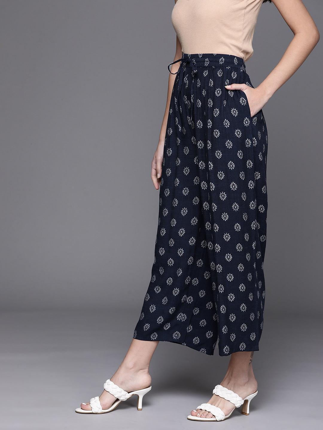 Navy Blue Printed Rayon Palazzos - ShopLibas