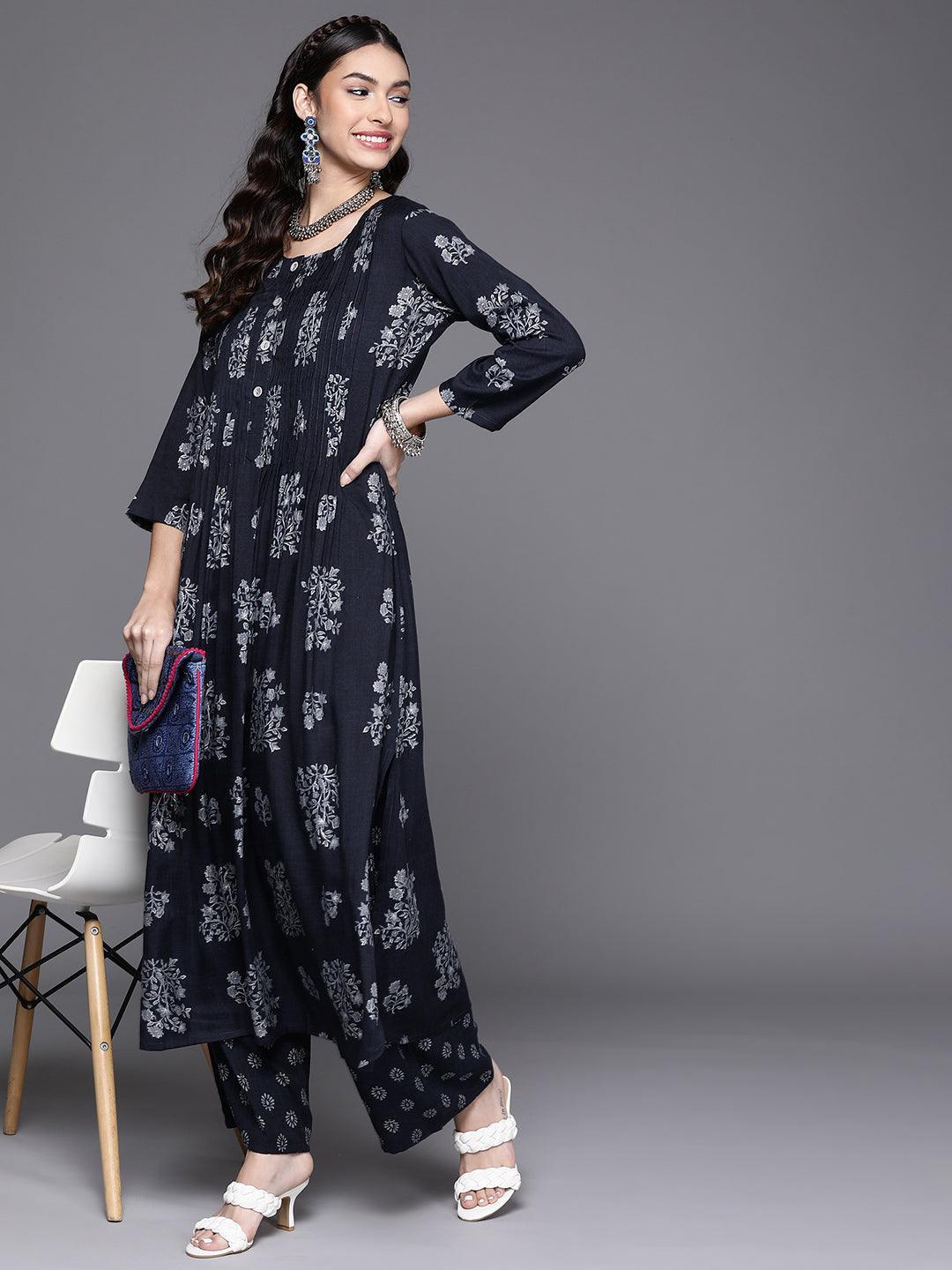 Navy Blue Printed Rayon Palazzos - ShopLibas