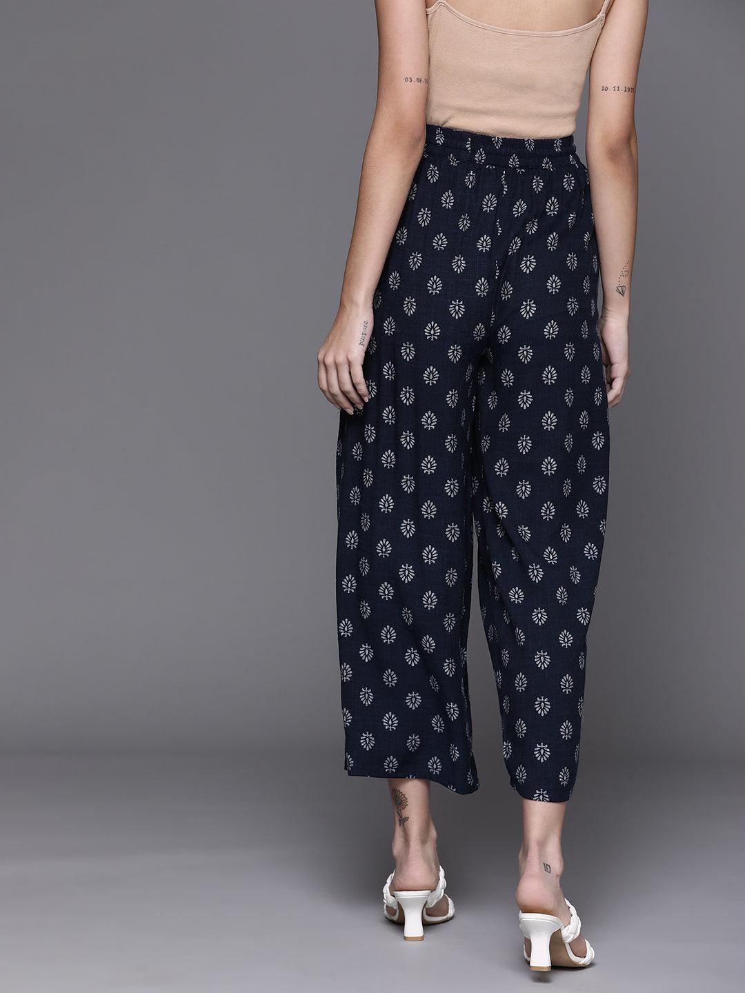 Navy Blue Printed Rayon Palazzos - ShopLibas