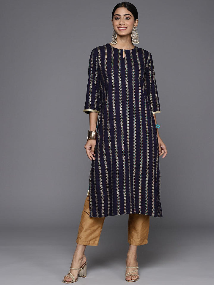 Navy Blue Printed Rayon Straight Kurta