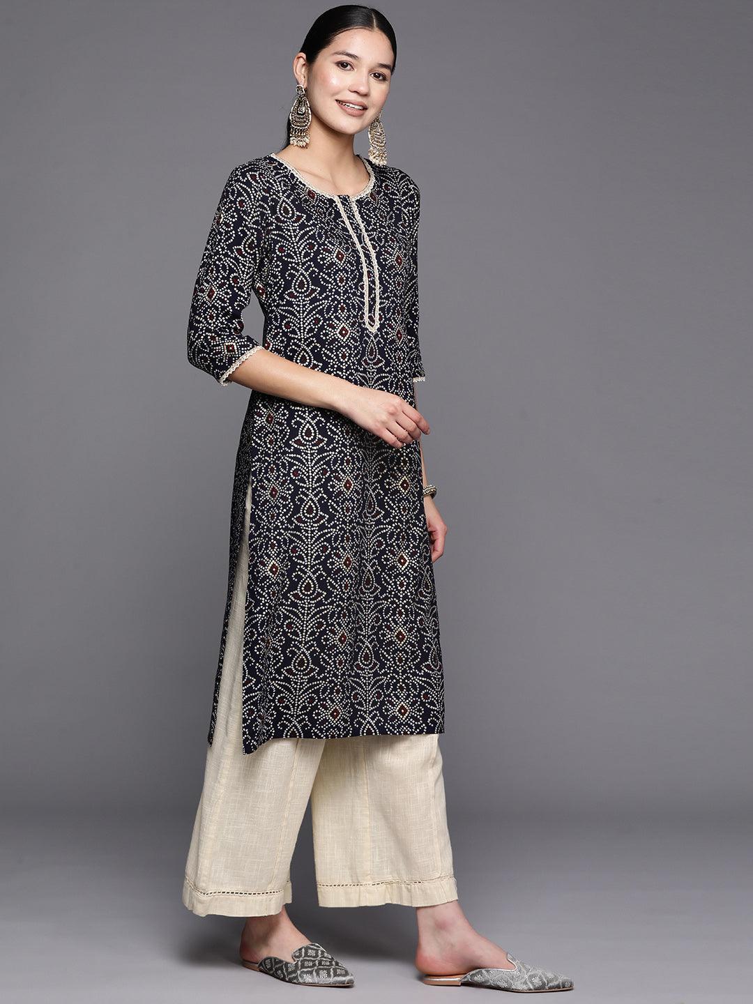 Navy Blue Printed Rayon Straight Kurta - ShopLibas