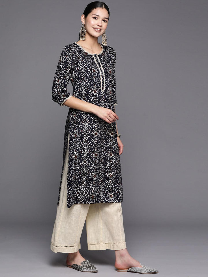 Navy Blue Printed Rayon Straight Kurta