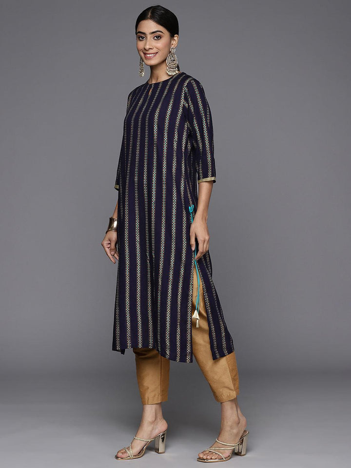 Navy Blue Printed Rayon Straight Kurta