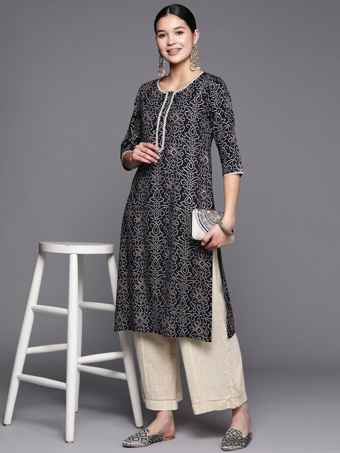 Navy Blue Printed Rayon Straight Kurta - ShopLibas