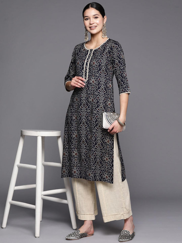 Navy Blue Printed Rayon Straight Kurta