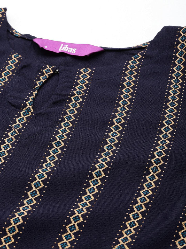 Navy Blue Printed Rayon Straight Kurta