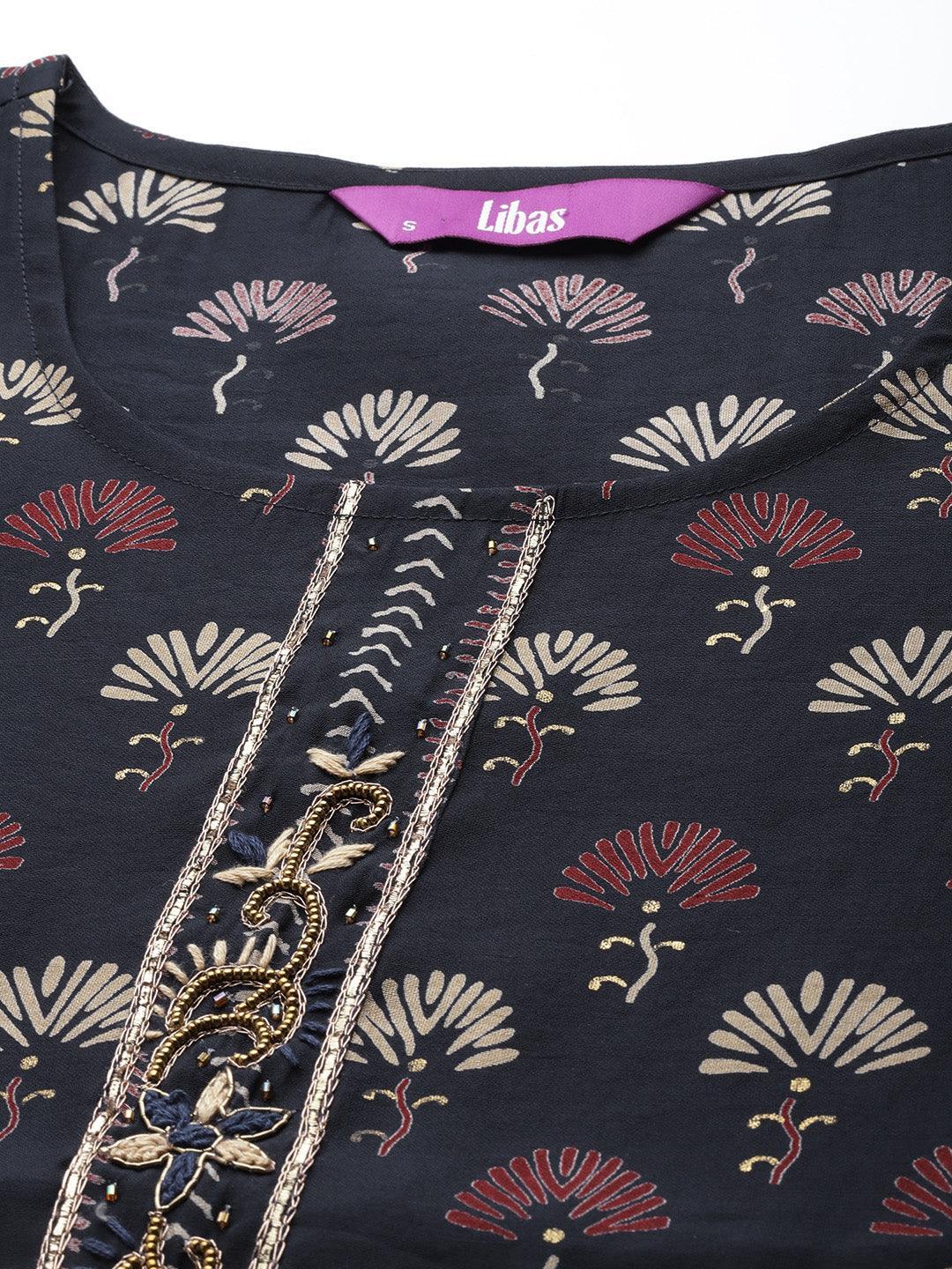 Navy Blue Printed Silk Blend Straight Suit Set - ShopLibas