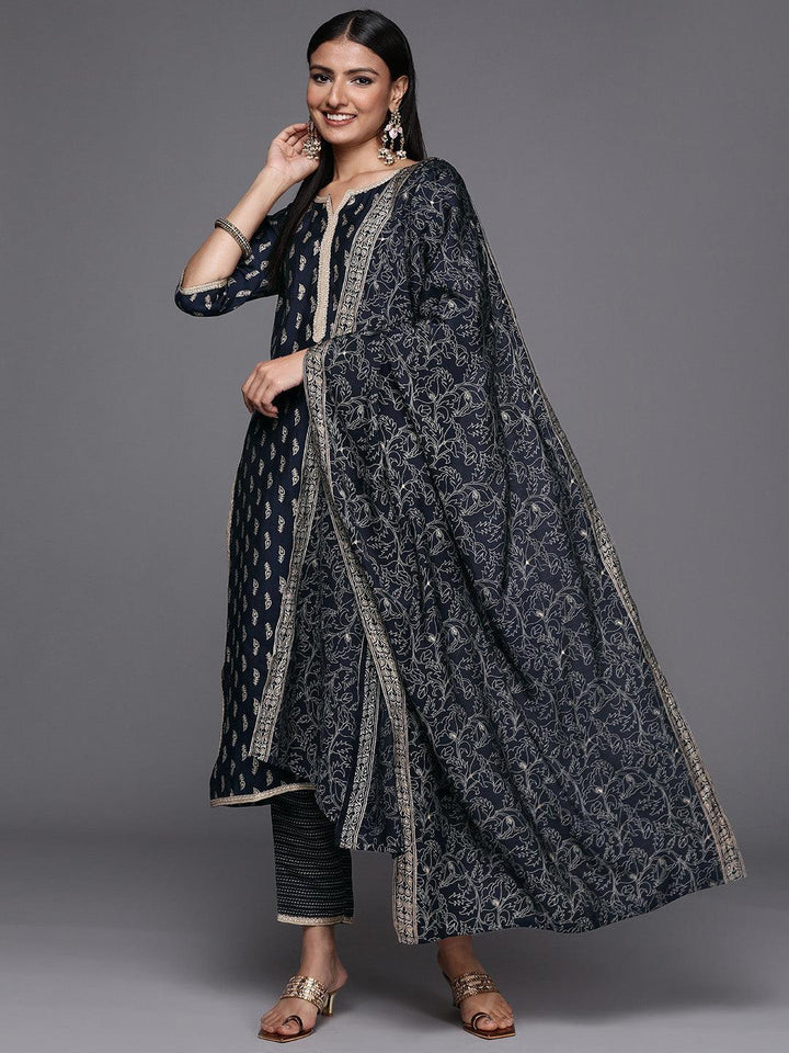 Navy Blue Printed Silk Blend Straight Suit Set