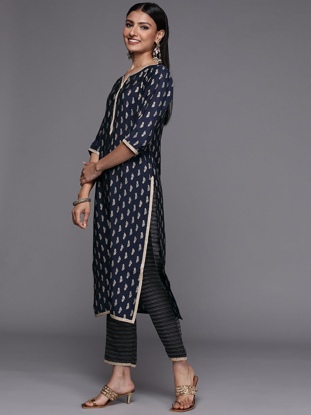 Navy Blue Printed Silk Blend Straight Suit Set - ShopLibas