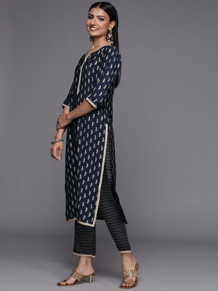 Navy Blue Printed Silk Blend Straight Suit Set