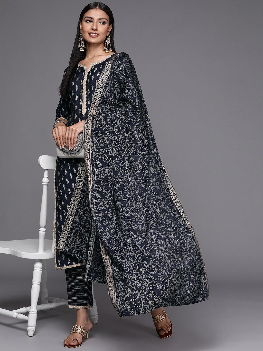 Navy Blue Printed Silk Blend Straight Suit Set - ShopLibas