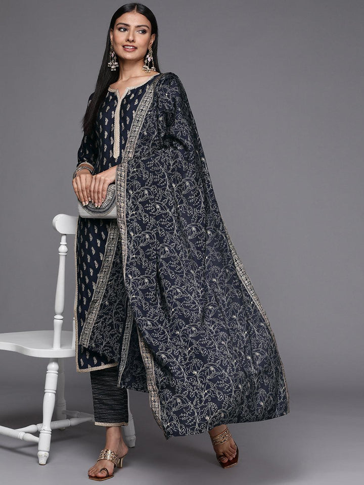 Navy Blue Printed Silk Blend Straight Suit Set
