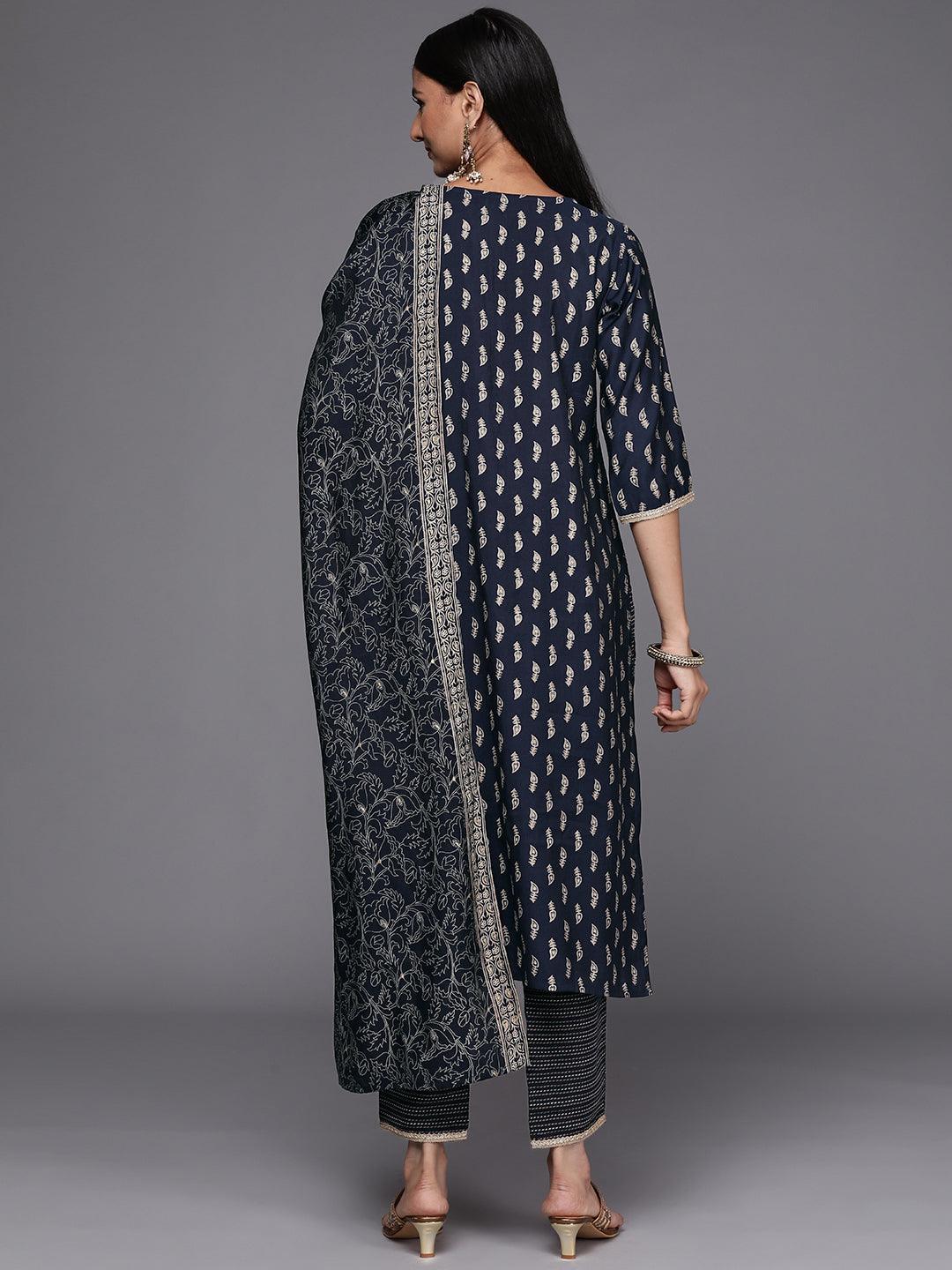 Navy Blue Printed Silk Blend Straight Suit Set - ShopLibas